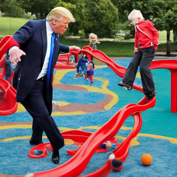 Image similar to donald trump playing in playground, detailed sharp photo