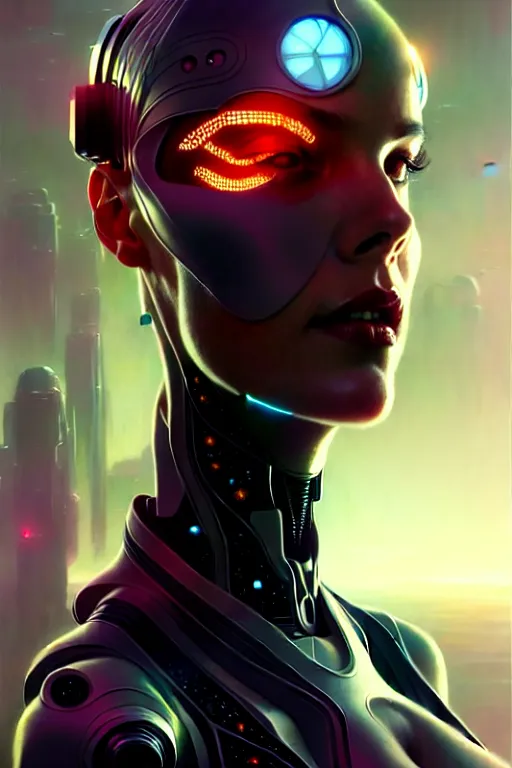 Prompt: ultra realistic, beautiful cyborg woman, sci-fi, fantasy, cyberpunk, intricate, elegant, highly detailed, digital painting, octane render, artstation, concept art, smooth, sharp focus, illustration, art by vincent di fate and michael welan and greg rutkowski and alphonse mucha