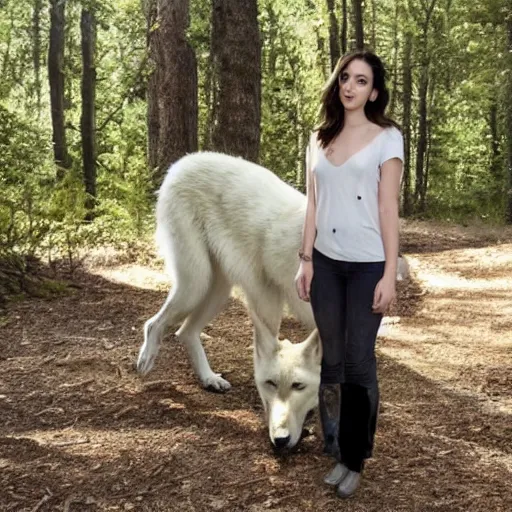 Prompt: adelaide kane standing next to a large white wolf in a forest