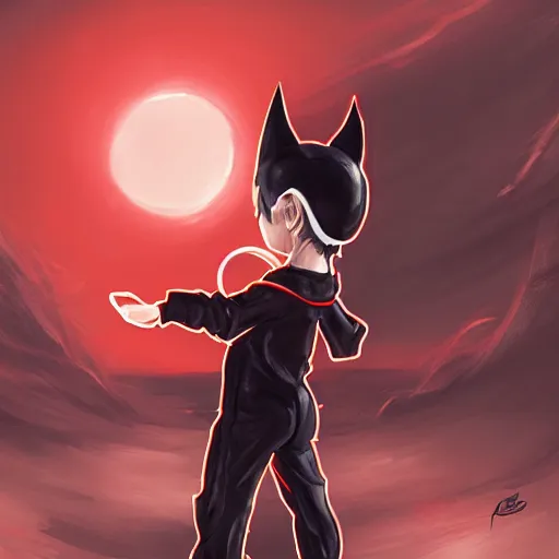 Image similar to little boy with cat ears in an black latex suit with red cape. digital artwork made by lois van baarle and kentaro miura, sharpness focus, anatomically correct, heroic composition