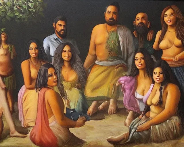 Image similar to beautiful oil painting of a brown man and his 7 wives in the afterlife. the beautiful curvy women are in love with their husband. lovely scene