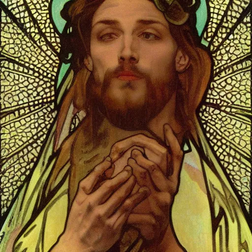 Image similar to lizard lizard lizard lizard jesus, close up, by alphonse mucha