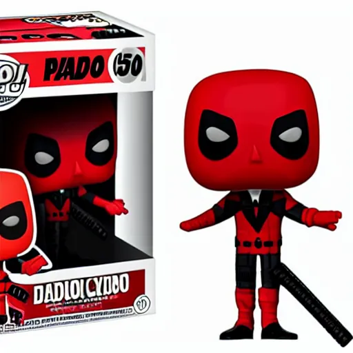 Image similar to funko pop of a deadpool wearing a tuxedo