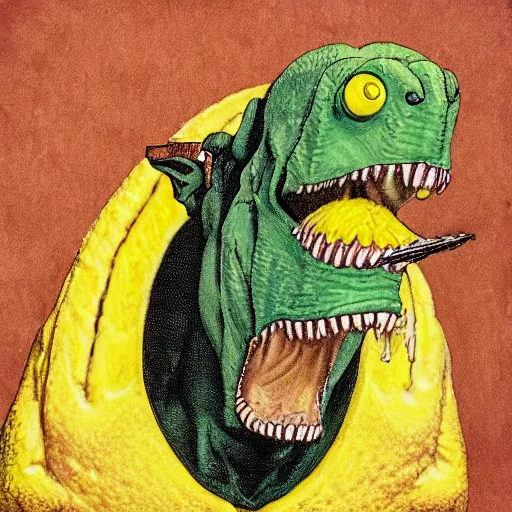 Image similar to lemon - headed dinosaur man happy, ultra detailed, style of norman rockwell, style of richard corben, 4 k, rule of thirds.