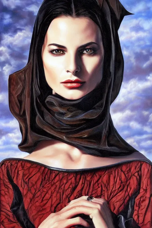 Image similar to hyperrealism oil painting, close - up portrait of carole bouquet medieval brunette vampire fashion model, knight, steel gradient mixed with nebula sky, in style of baroque