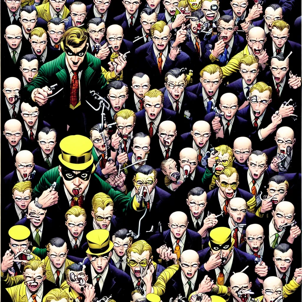 Image similar to drawing of gotham city's finest investigative reporter jack ryder with 1 4 tiny jokers reaching out of his mouth, 4 k art by brian bolland, graphic novel cover art