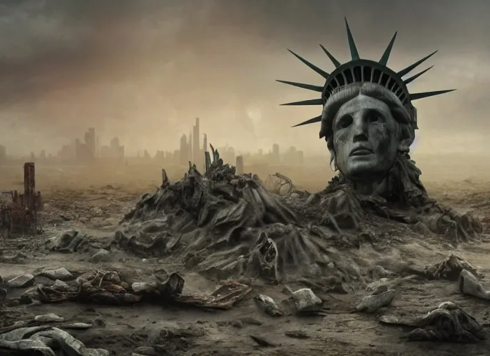 Prompt: a Photorealistic dramatic hyperrealistic render of a ruined destroyed decayed statue of liberty on a desolate beach in a post-apocalyptic world, futuristic nuclear apocalyptic planet of the apes vibe, by WLOP and Artgerm and Greg Rutkowski and Alphonse Mucha, Beautiful dynamic dramatic dark moody lighting, shadows, cinematic atmosphere, Artstation, concept design art, Octane render, 8K, masterpiece