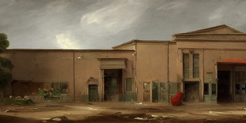 Image similar to an abandoned supermarket painted by thomas cole