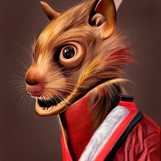 Image similar to a portrait of a human-rat mutant hybrid mutant with brown fur wearing a red kimono, painting, realistic, digital art