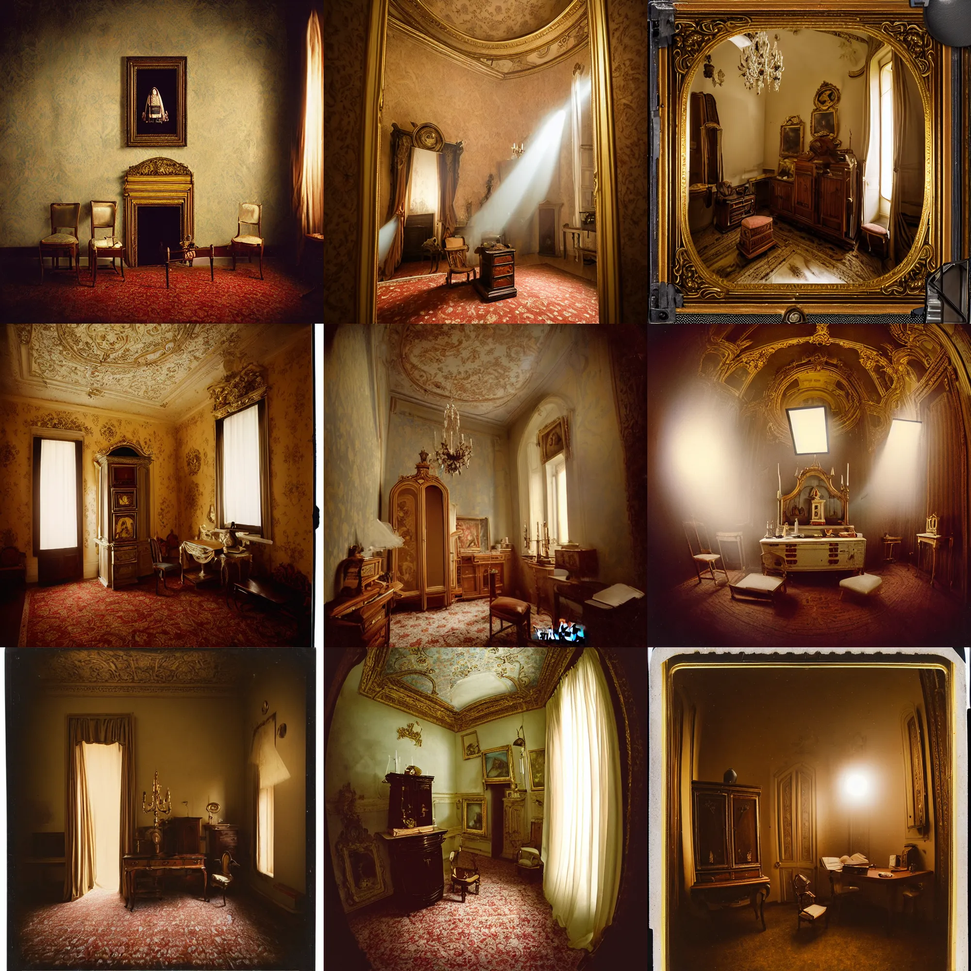 Prompt: kodak portra 4 0 0, wetplate, flashlight, 8 mm extreme fisheye, award - winning portrait by britt marling of a baroque sacristy in italy, picture frames, shining lamps, haze, dust, furniture, wallpaper, carpet, interior, muted colours