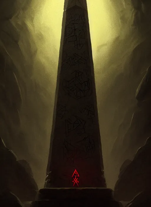 Image similar to portrait of a profane obelisk, evil altar, glowing evil runes, intricate, elegant, deep dark lighting, moody, atmospheric, grim dark, highly detailed, digital painting, artstation, concept art, smooth, sharp focus, illustration, art by wlop, mars ravelo and greg rutkowski