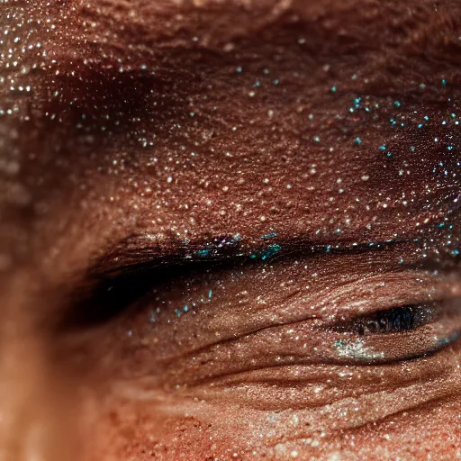 Image similar to closeup of sweating forehead with sweat on it, big drops of sweat, big beads of sweat, sweat drops, airbrush painting, forehead only, by Hajime Sorayama, symmetric face, beautiful face, highly realistic, star flares, trending on artstation, beautiful lighting, sharp, details, hyper-detailed, HD, HDR, 4K, 8K