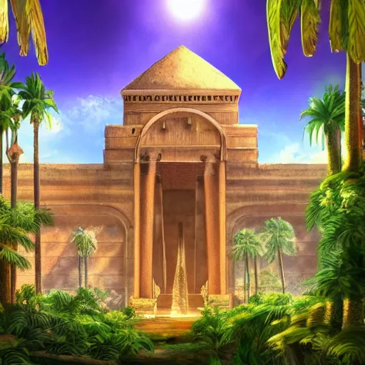 Prompt: a old big egyptian palace with plants and waterfalls, retrowave art,digital art,trending on art station