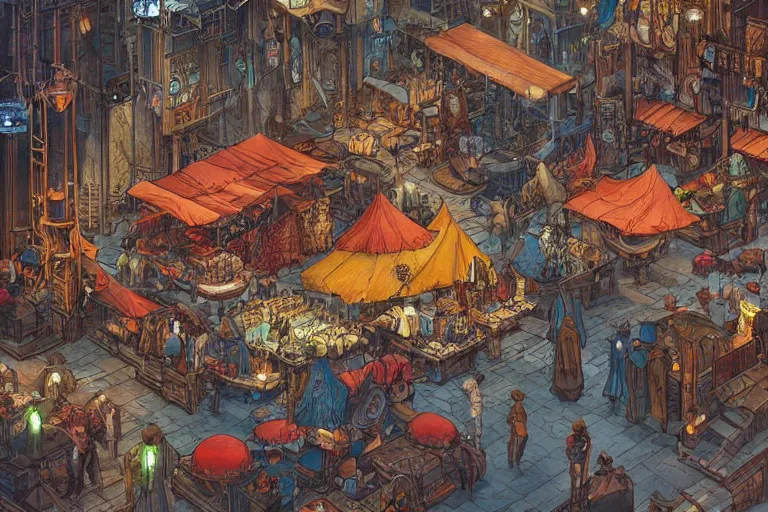 Image similar to a colorful medieval marketplace, Industrial Scifi, detailed illustration, character design, intricate, by Martin Grip and Moebius