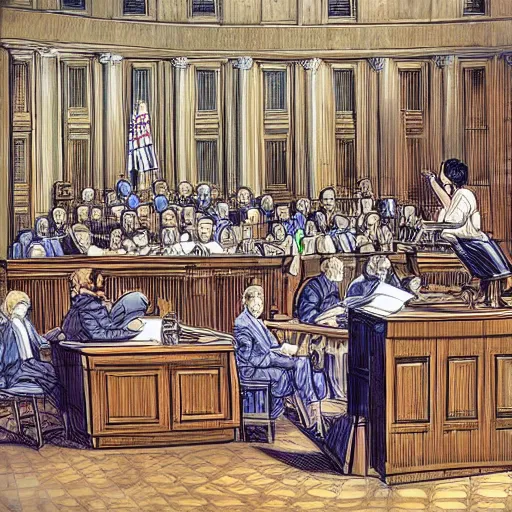 Prompt: Digital art about a huge courtroom with lots of people. The defendant and the accused are on a floating platform. Fantastic detail, astonishing composition, award winning.