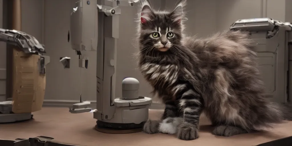 Image similar to a 3 d rendered movie still a of maine coon robotic kitten has become a cat scanner. cyberpunk cat tree. science fiction blockbuster movie from the future, imax 7 0 mm. style of mandalorian ( american space western television series )