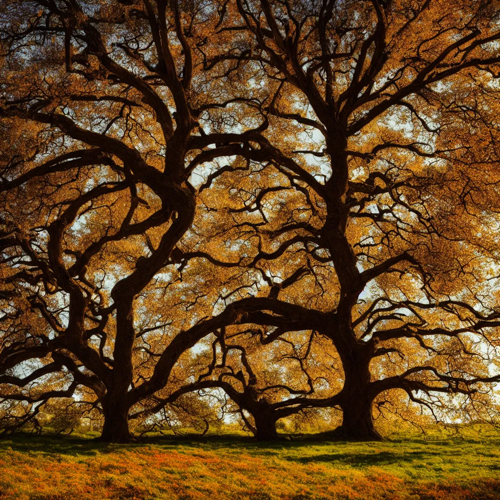 Image similar to lonely old oak with foliage in winter, spring, summer and autumn colors, the tree is growing on a meadow, cinematic lighting, photo realistic image, 4K, super detailed, cinematic look