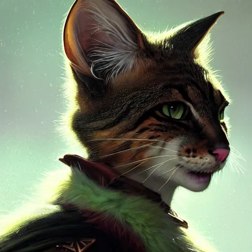Prompt: portrait painting of a punk tabaxi bard with green eyes and snow white fur, ultra realistic, concept art, intricate details, eerie, highly detailed, photorealistic, octane render, 8 k, unreal engine. art by artgerm and greg rutkowski and charlie bowater and magali villeneuve and alphonse mucha