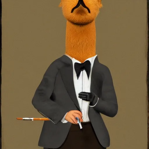 Image similar to a high detail photo of an antropomorphic capybara wearing a suit smoking a cigarrette, subject= duck, subject detail: wearing a suit, subject action: smoking a cigarrette photorealism