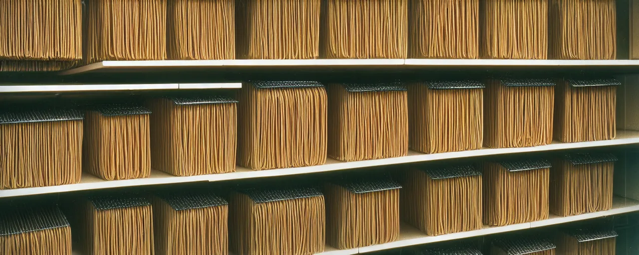 Prompt: spaghetti neatly organized in a file cabinet at an office, 1 9 7 0 s, canon 5 0 mm, kodachrome, in the style of wes anderson, retro