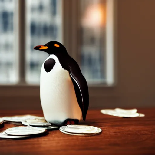 Prompt: Penguin counting its money on the kitchen table, lots of bills, 4k, moody lighting