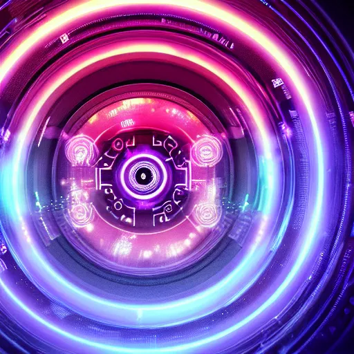 Image similar to horizontal centered neon cyberpunk distortion field electron eyeball with concentric data rings around it, glowing, fantasy, networking, camera shutter iris, singularity, clouds, circuitry, explosion, dramatic, intricate, elegant, highly detailed, digital painting, network, artstation, concept art, smooth, sharp focus, illustration, octane render