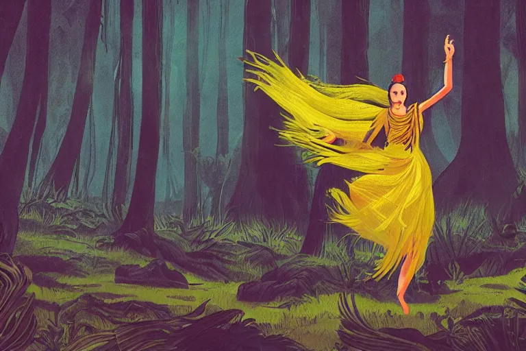 Prompt: A young woman in a yellow dress as shaman dancing in with spirits in a mystical forest of an exotic world, by Chiara Bautisya, annihilation movie, blade runner movie, in style of Laurie Greasley, Jen Bartel, Background by Tarmo Juhola, kowloon, cinematography Roger Deakins,