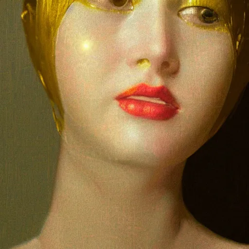 Image similar to !dream a beautiful girl's face made of ivory and gold filigree, ancient film still by edward hopper, by Bosch, by klimt, art noveau, highly detailed, strong lights, liminal, eerie, Bright pastel colors, octane render, 8k,