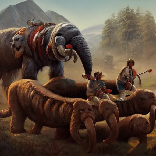 Prompt: painting of native americans riding mammoths, artstation, ultra detailed