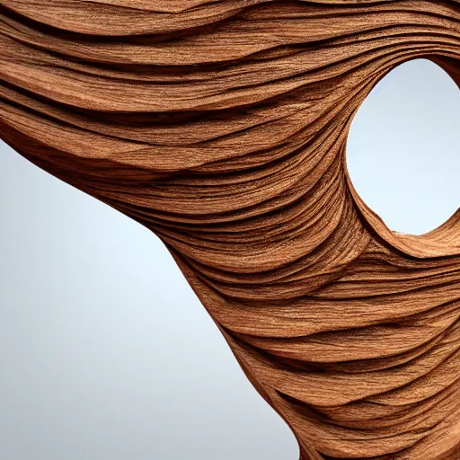 Prompt: a wood sculpture in the shape and texture of waves, deep and expressive grain patterns, volumetric lighting, light rays, photorealistic, ultrarealistic, coronarender, 8k