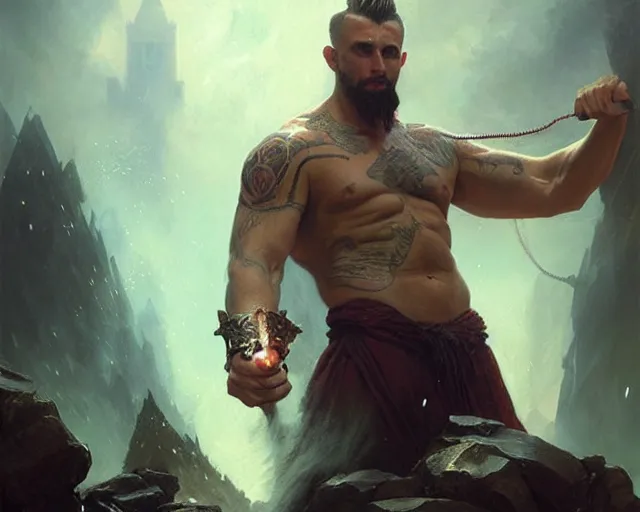 Image similar to handsome tattooed gym bro cleric fire - breath magic spell vfx, diagonal spell vfx, fantasy game spell, fantasy epic painting by greg rutkowski, gaston bussiere, craig mullins, j. c. leyendecker, tom of finland