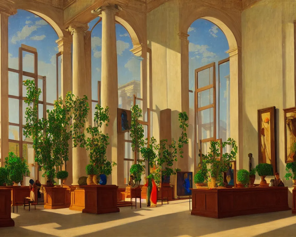 Prompt: an achingly beautiful print of the interior of an art museum with vibrant framed paintings covering the walls, potted plants, and classical antiquities by Raphael, Hopper, and Rene Magritte. detailed, romantic, enchanting, trending on artstation.