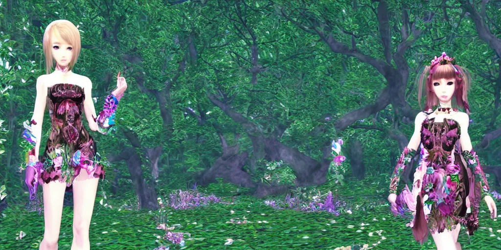 Image similar to cute female forest spirit wearing ornate floral cybernetic hungarian valentino resort dress in a 3 d psx ps 2 jrpg style, esoteric magical alien meadow ritual environment, fashion gameplay screenshot, highly detailed, atelier, xenogears