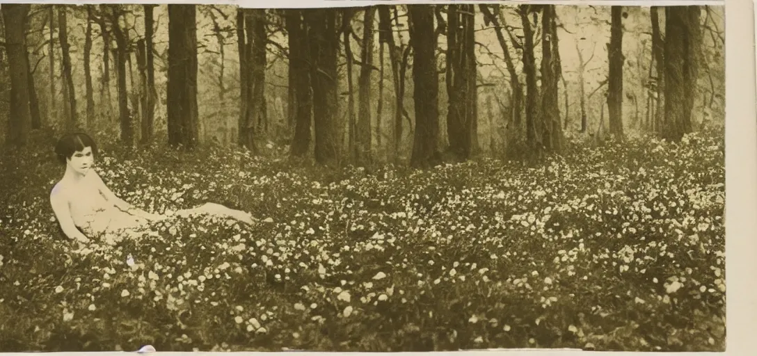 Image similar to beautiful woman on the ground covered in flowers, Forest, ray gods, 1910 polaroid photography
