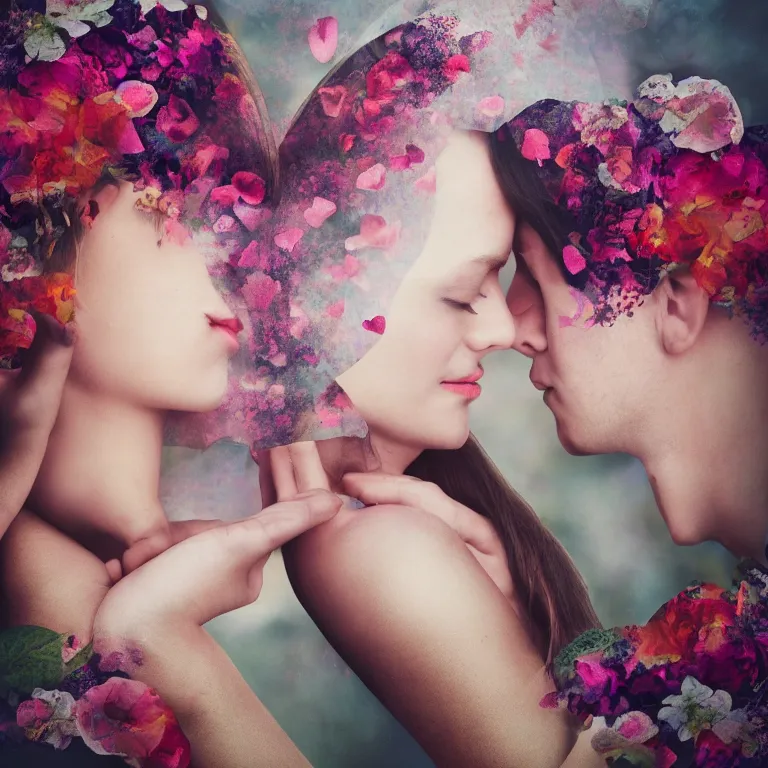 Image similar to double exposure of love, love is the most relevant theme, love is infinity, love os begin of all, 8 k resolution, artistic mode, artistic, flowers mode