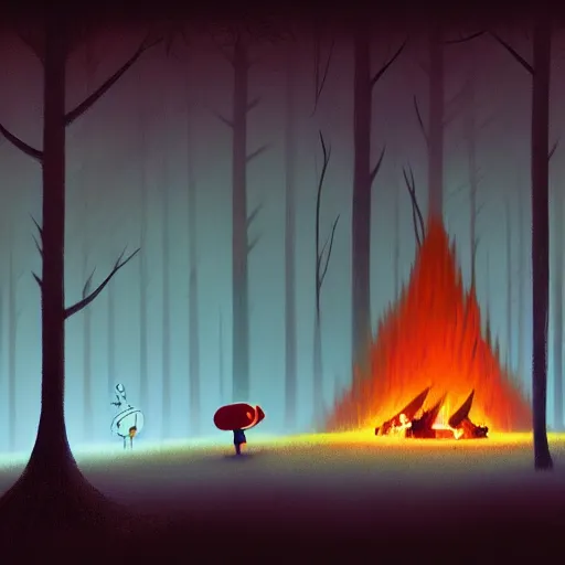 Image similar to goro fujita ilustration a dark forest illuminated by a large cozy bonfire, painting by goro fujita, sharp focus, highly detailed, artstation