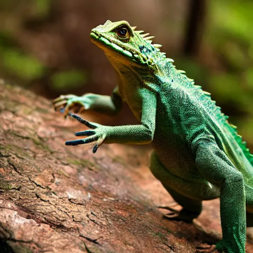 Image similar to medieval cloak wearing anthro lizard, photograph captured in the woods