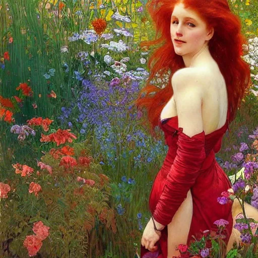 Prompt: a beautiful red haired woman in a garden, beautiful painting by irakli nadar and alphonse mucha