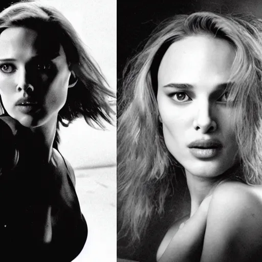 Image similar to scarlet Johansen eating Natalie portman whole, accurate face, correct face, style of kodax tri-x