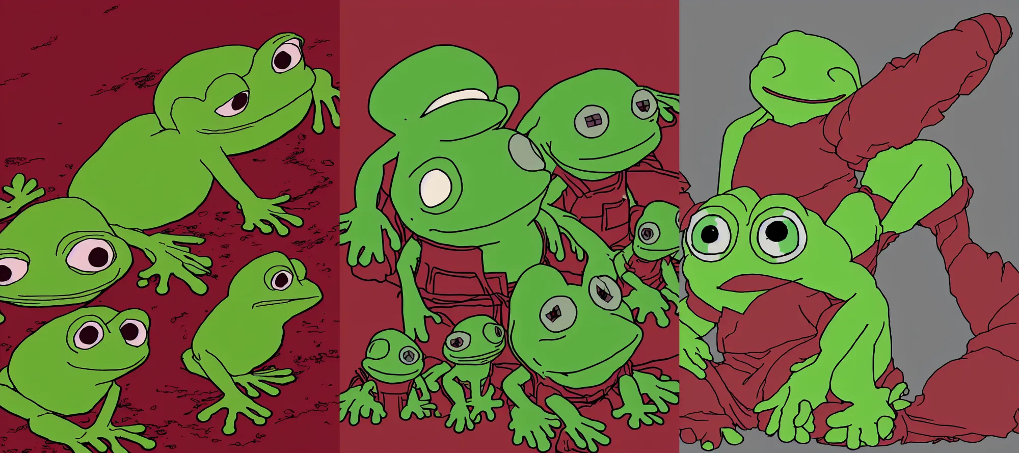 Prompt: resolution 4k dynamic shading dynamic lighting dreaming of a better tomorrow made in abyss design Akihito Tsukushi design body pepe the frog S.T.A.L.K.E.R conflict ,haunting, sitting by an ocean of red the group of pepes sitting paradise ,eradication, pogrom , pepe the frogs at war, art in the style of and Oleg Vdovenko and Akihito Tsukushi ,Kentarou Miura