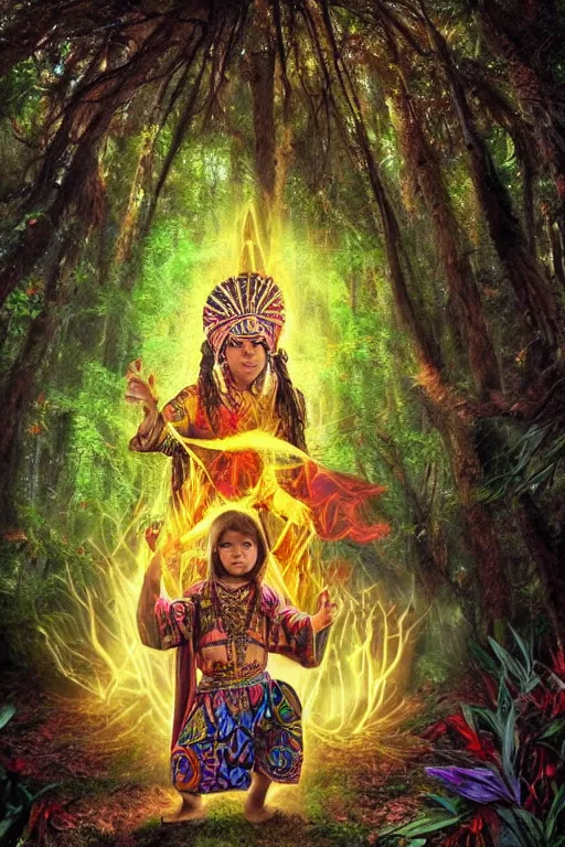 Prompt: photorealistic photo of an aztec sorcerer casting a powerful spell in a dark forest, by lilia alvarado, lilia alvarado art,