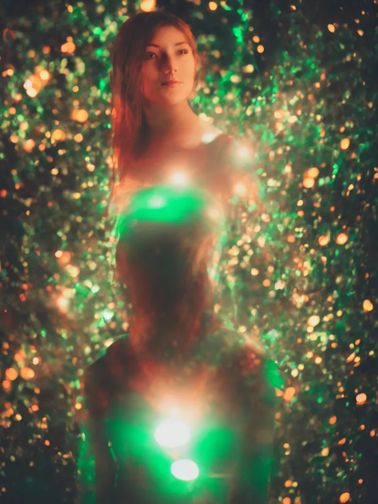 Image similar to photograph of a beautiful woman illuminated by red and green light , night , 85 mm f1.4