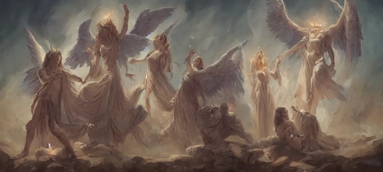 Image similar to angelical time keepers in sacred clothes performing a ritual of planetary sacrifice, emotional, fantastic, stars, tarot, detailed, realistic, digital art, trending on artstation by peter mohrbacher, greg rutkowski and artgerm