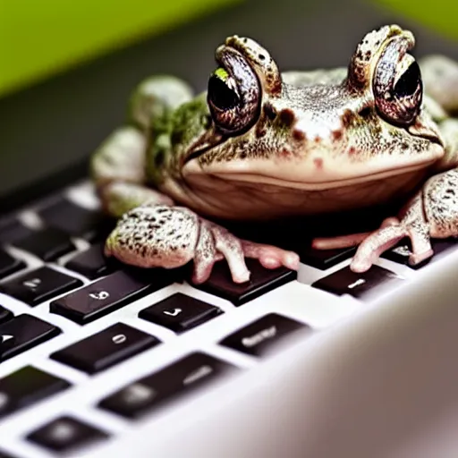 Prompt: a sad little toad typing on a computer