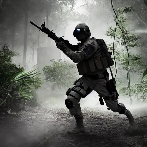 Image similar to Mercenary Special Forces soldier in light grey uniform with black armored vest and helmet launching an ambush attack in the jungles of Tanoa, combat photography by Feng Zhu, highly detailed, excellent composition, cinematic concept art, dramatic lighting, trending on ArtStation