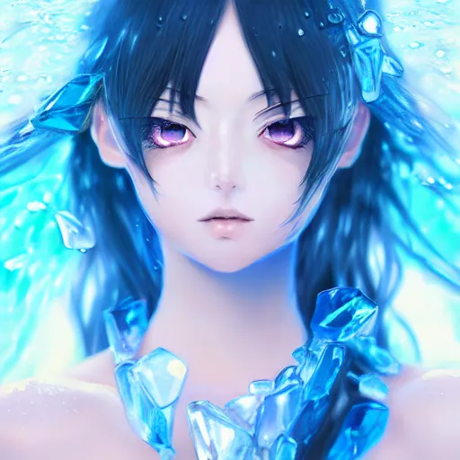 Image similar to advanced digital portrait painting photograph, a very beautiful anime girl wearing a dress made of water standing in a crystal lake , full body, very long black hair, azure blue watery eyes, full round face, seductive stare, cinematic lighting, medium shot, mid-shot, highly detailed, trending on artstation, Unreal Engine 4k, Stanley Artgerm Lau, WLOP, Rossdraws, James Jean, Andrei Riabovitchev, Marc Simonetti, and Sakimichan