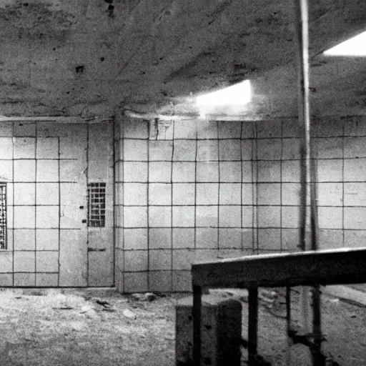 Prompt: creepy surveillance footage of an abandoned soviet laboratory, dark fluorescent lighting, film grain, liminal space