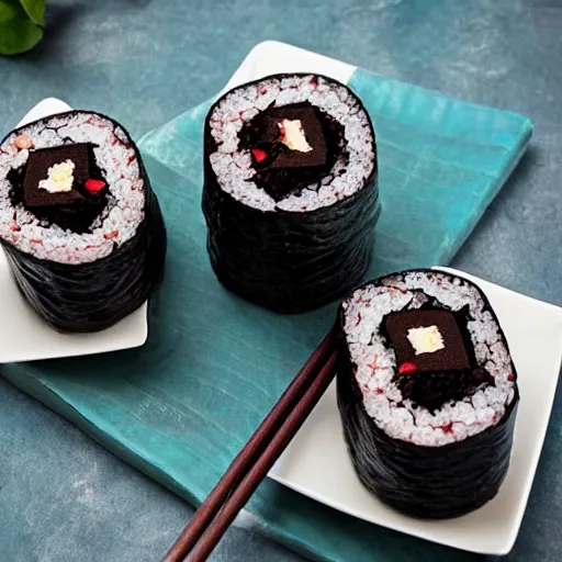 Prompt: cookbook photo of chocolate dessert sushi