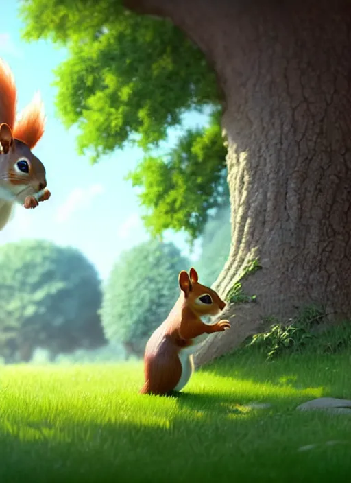 Prompt: a wholesome animation key shot of a squirrel, oak tree in the background, studio ghibli, pixar and disney animation, sharp, rendered in unreal engine 5, anime key art by greg rutkowski, bloom, dramatic lighting