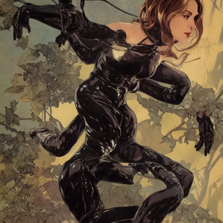 Image similar to Erin Moriarty as Cat Woman, highly detailed, digital painting, artstation, concept art, smooth, sharp focus, illustration, ArtStation, art by artgerm and greg rutkowski and alphonse mucha and J. C. Leyendecker and Edmund Blair Leighton and Katsuhiro Otomo and Geof Darrow and Phil hale and Ashley wood and Ilya repin and Charlie Bowater